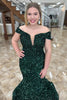 Load image into Gallery viewer, Sparkly Dark Green Off the Shoulder Sequins Long Prom Dress