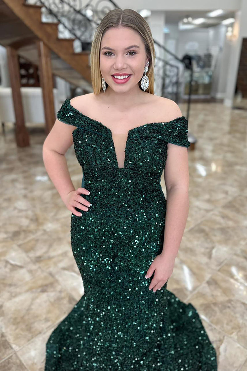 Load image into Gallery viewer, Sparkly Dark Green Off the Shoulder Sequins Long Prom Dress