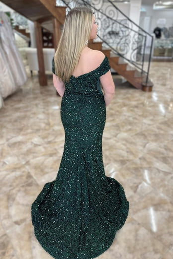 Sparkly Dark Green Off the Shoulder Sequins Long Prom Dress