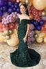 Load image into Gallery viewer, Sparkly Dark Green Off the Shoulder Sequins Long Prom Dress