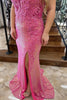 Load image into Gallery viewer, Sparkly Pink V-Neck Sequined Appliques Corset Long Prom Dress with Slit