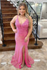 Load image into Gallery viewer, Sparkly Pink V-Neck Sequined Appliques Corset Long Prom Dress with Slit