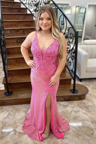 Sparkly Pink V-Neck Sequined Appliques Corset Long Prom Dress with Slit