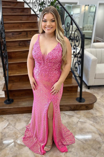 Sparkly Pink V-Neck Sequined Appliques Corset Long Prom Dress with Slit