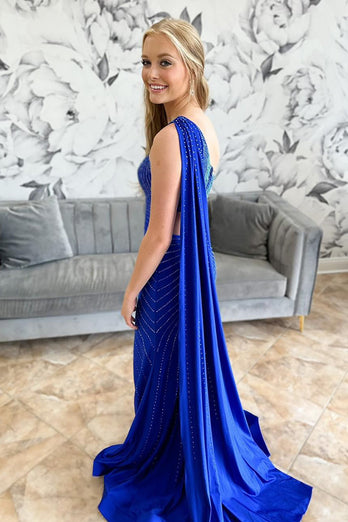 Sparkly Royal Blue Beaded One Shoulder Long Prom Dress with Slit