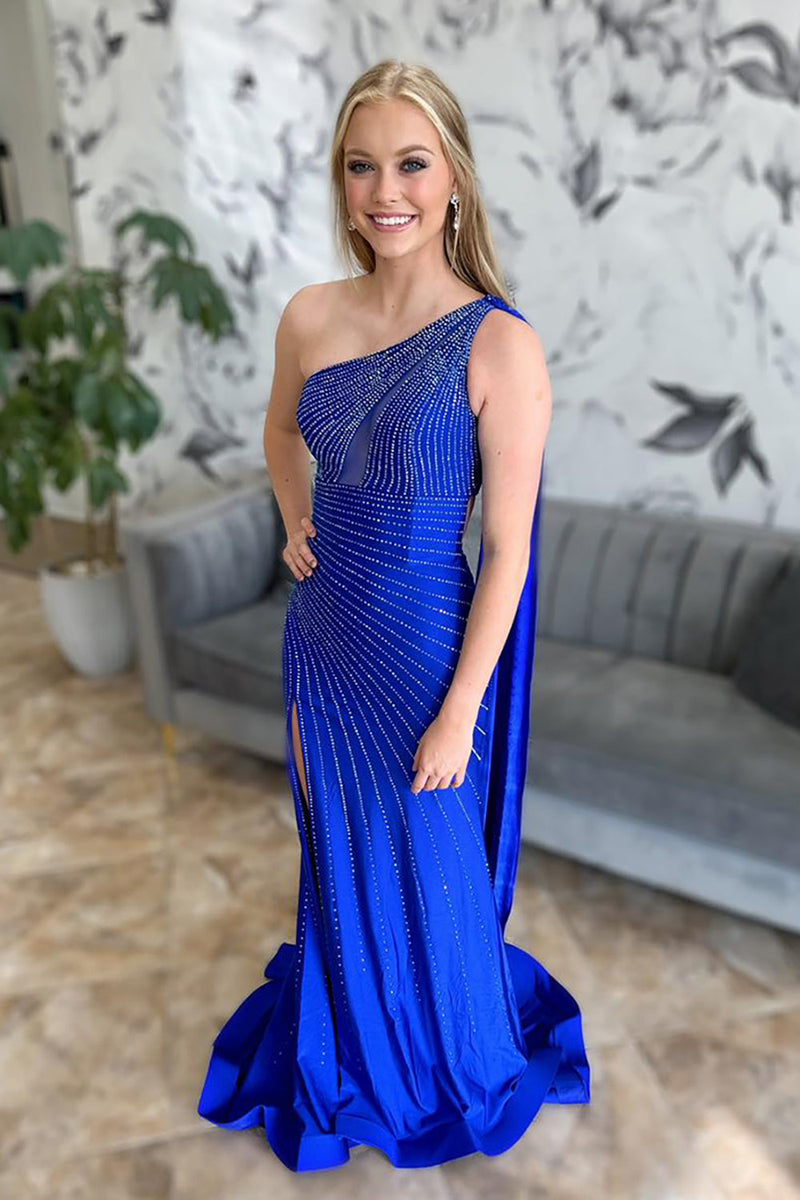 Load image into Gallery viewer, Sparkly Royal Blue Beaded One Shoulder Long Prom Dress with Slit