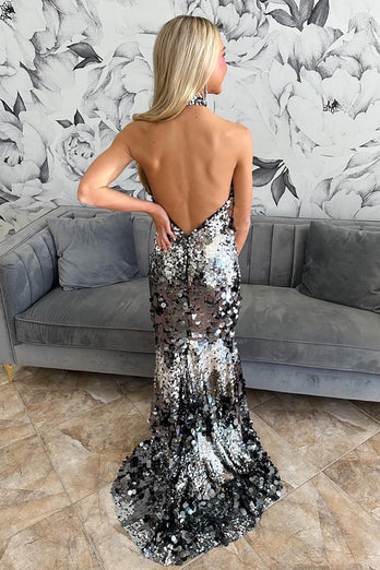 Sparkly Silver Halter Sequins Backless Long Prom Dress