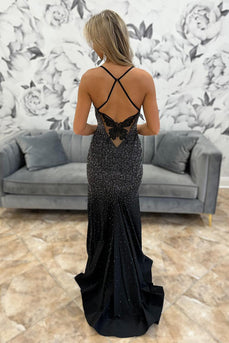 Sparkly Black Mermaid Beaded Spaghetti Straps Butterfly Long Prom Dress