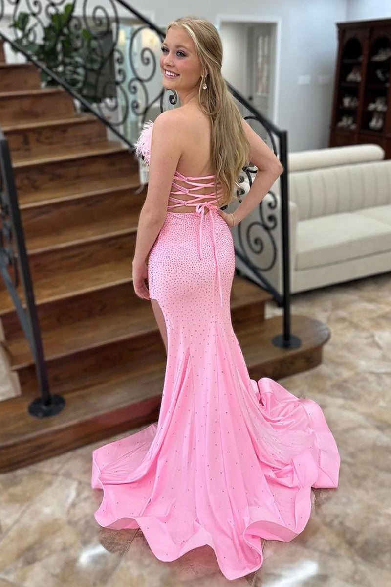 Load image into Gallery viewer, Sparkly Pink Beaded Feathers Strapless Long Prom Dress with Slit