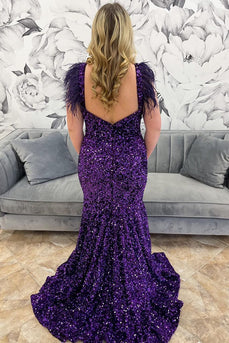 Sparkly Grape Mermaid Sequins Off the Shoulder Long Prom Dress with Feathers