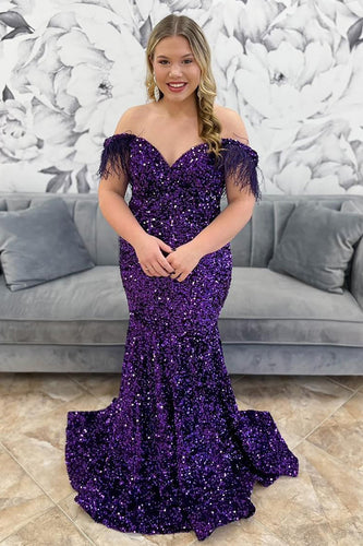 Sparkly Grape Mermaid Sequins Off the Shoulder Long Prom Dress with Feathers