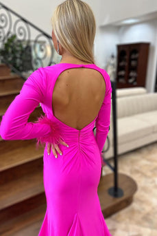 Fuchsia Long Sleeves V-Neck Satin Long Prom Dress with Feathers