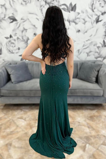 Sparkly Dark Green Beaded Spaghetti Straps Long Prom Dress with Slit