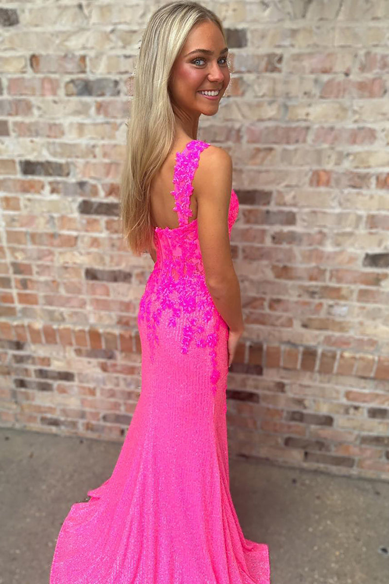 Load image into Gallery viewer, Sparkly Fuchsia Corset Floral Appliques Off the Shoulder Long Prom Dress with Slit