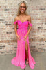 Load image into Gallery viewer, Sparkly Fuchsia Corset Floral Appliques Off the Shoulder Long Prom Dress with Slit