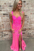 Load image into Gallery viewer, Sparkly Fuchsia Corset Floral Appliques Off the Shoulder Long Prom Dress with Slit