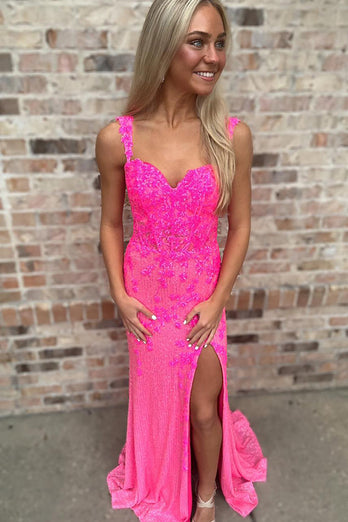 Sparkly Fuchsia Corset Floral Appliques Off the Shoulder Long Prom Dress with Slit