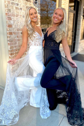 Black Corset Spaghetti Straps Long Prom Jumpsuit with Lace Appliques