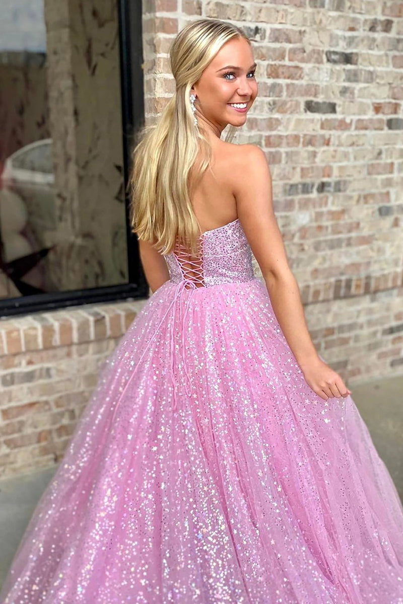 Load image into Gallery viewer, Saprkly Pink Sequins Sweetheart Lace-Up Long Prom Dress