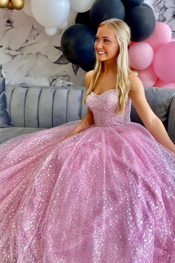 Saprkly Pink Sequins Sweetheart Lace-Up Long Prom Dress