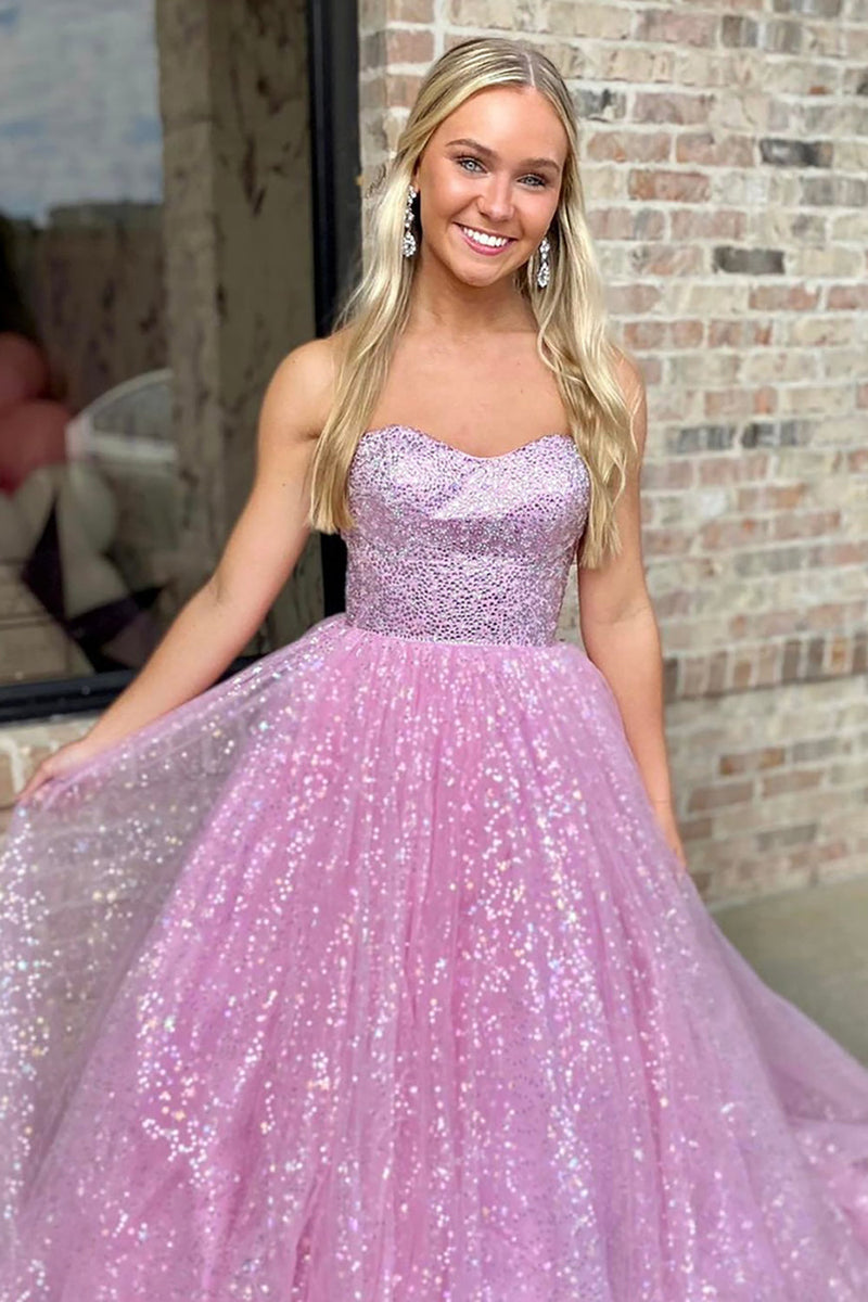 Load image into Gallery viewer, Saprkly Pink Sequins Sweetheart Lace-Up Long Prom Dress