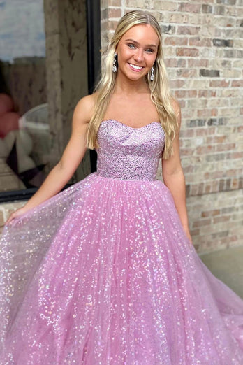 Princess Sparkly Pink Sequin Ball Gown Long Prom Dress