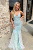 Load image into Gallery viewer, Floral Light Green V-Neck Backless Long Prom Dress with Appliques