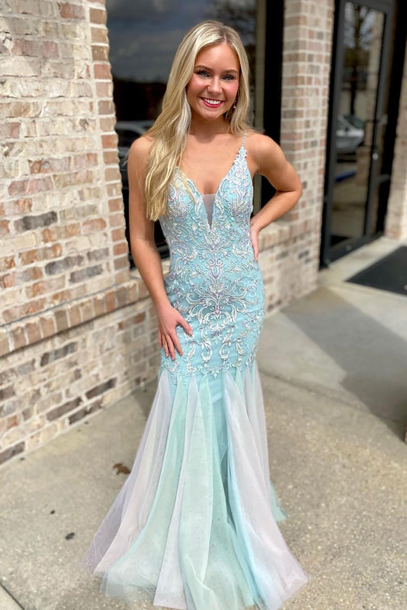 Load image into Gallery viewer, Floral Light Green V-Neck Backless Long Prom Dress with Appliques