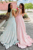 Load image into Gallery viewer, Sparkly Pink A Line Deep V-Neck Sequins Long Prom Dress