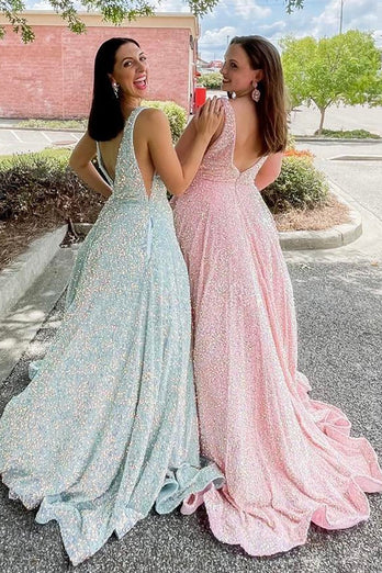 Sparkly Pink A Line Deep V-Neck Sequins Long Prom Dress