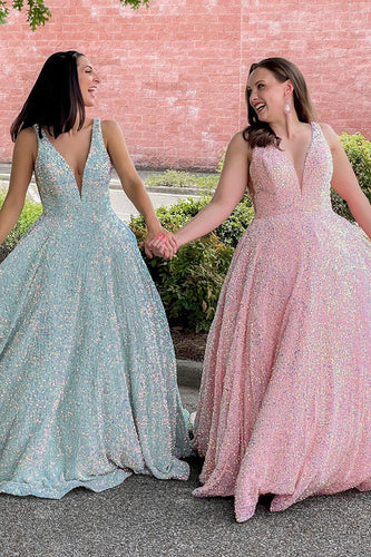 Sparkly Pink A Line Deep V-Neck Sequins Long Prom Dress