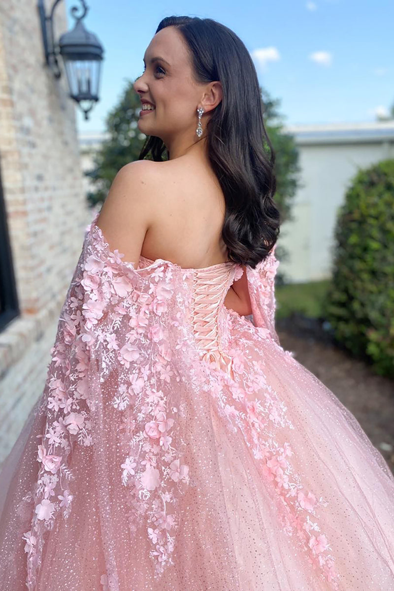 Load image into Gallery viewer, Glitter Princess Pink Tulle Floral Ball Gown Long Prom Dress with Cape