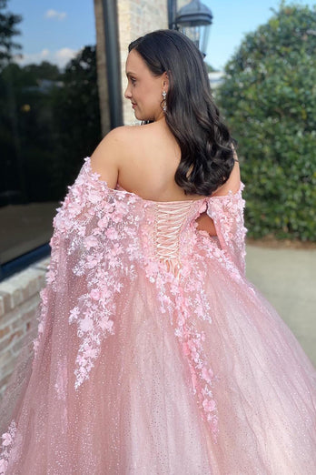 Sparkly Pink Ball Gown Corset Sweetheart Long Prom Dress with 3D Flowers