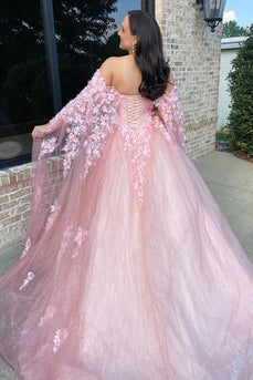 Sparkly Pink Ball Gown Corset Sweetheart Long Prom Dress with 3D Flowers