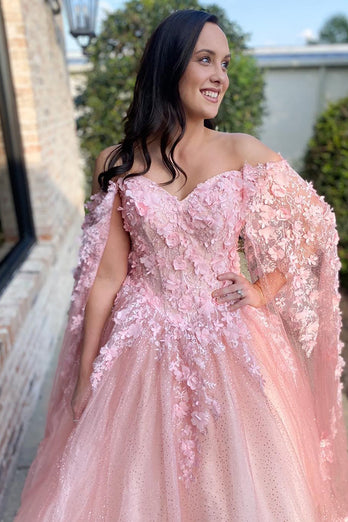 Sparkly Pink Ball Gown Corset Sweetheart Long Prom Dress with 3D Flowers