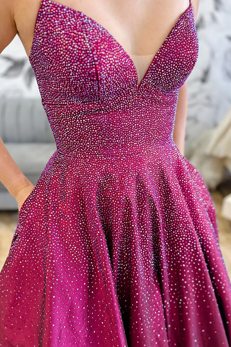 Load image into Gallery viewer, Sparkly Dark Purple Beaded Spaghetti Straps Long Prom Dress