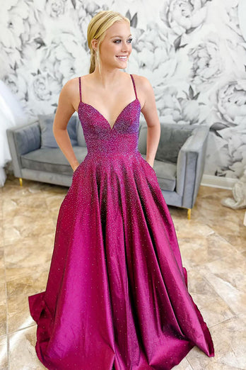 Sparkly Dark Purple Beaded Spaghetti Straps Long Prom Dress