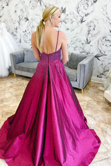 Sparkly Dark Purple Beaded Spaghetti Straps Long Prom Dress