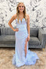 Load image into Gallery viewer, Sparkly Light Blue Sequin Strapless Long Prom Dress with Feathers Slit