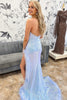 Load image into Gallery viewer, Sparkly Light Blue Sequin Strapless Long Prom Dress with Feathers Slit