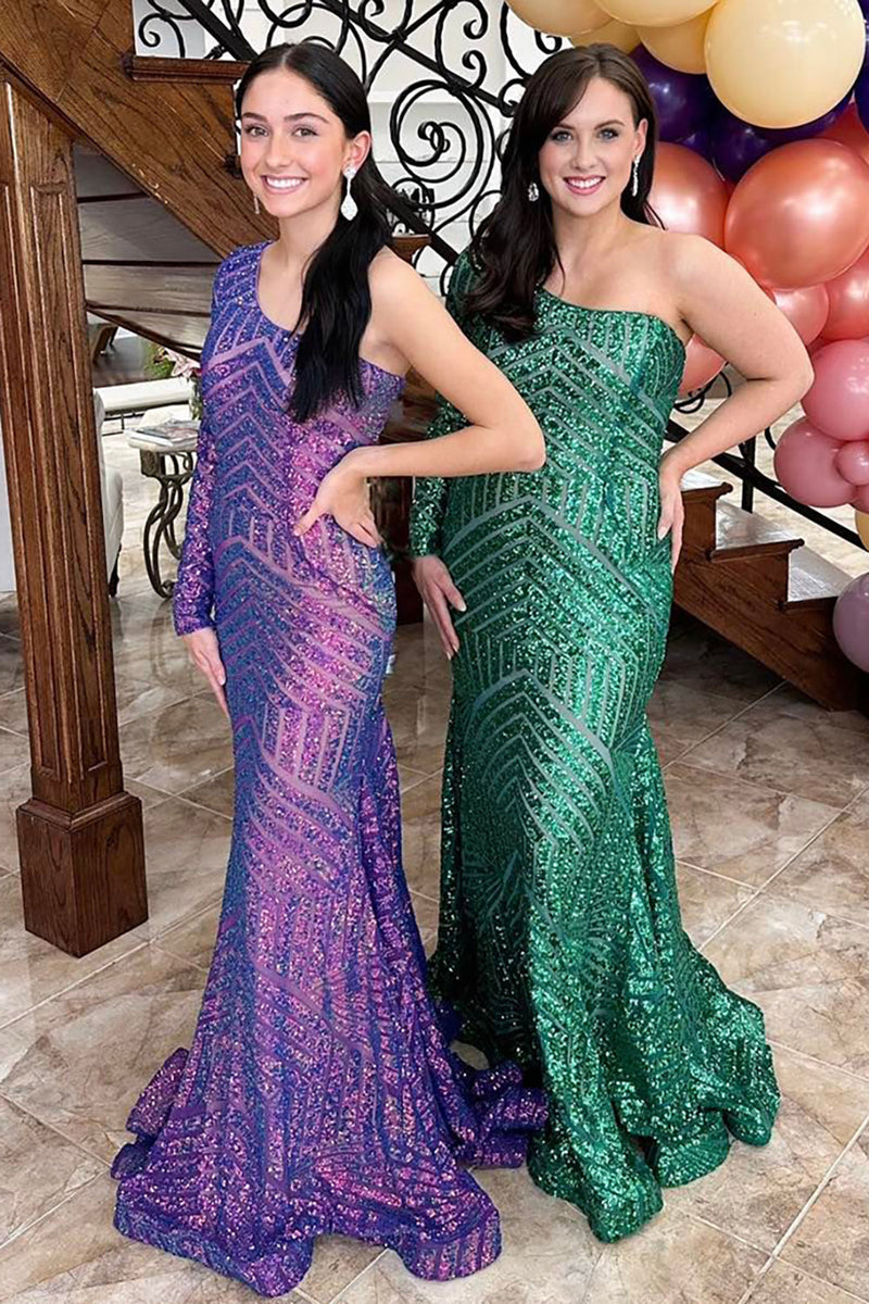 Load image into Gallery viewer, Sparkly Dark Green One Shoulder Sequin Long Prom Dress