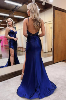 Sparkly Navy Corset Beaded Long Prom Dress with Slit