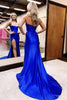 Load image into Gallery viewer, Sparkly Royal Blue Sweetheart Corset Satin Long Prom Dress with Slit