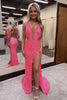 Load image into Gallery viewer, Sparkly Pink Sequin Mermaid V Neck Long Prom Dress with Slit