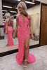 Load image into Gallery viewer, Sparkly Pink Sequin V-Neck Backless Long Prom Dress with Slit