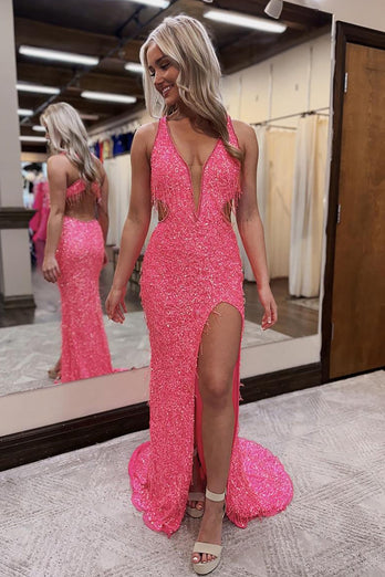 Sparkly Pink Sequin V-Neck Backless Long Prom Dress with Slit