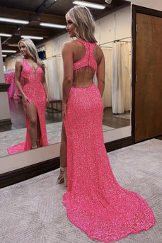 Sparkly Pink Sequin V-Neck Backless Long Prom Dress with Slit