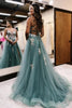 Load image into Gallery viewer, Sparkly Sage Corset Floral Tulle Long Corset Prom Dress with Slit