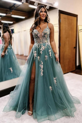 Sparkly Sage Corset Floral Tulle Long Corset Prom Dress with Slit