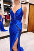 Load image into Gallery viewer, Royal Blue Spaghetti Straps Ruched Beaded Long Satin Prom Dress with Slit